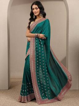 Libas - Green Embellished Silk Blend Saree with Unstitched Blouse