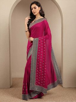 Libas - Pink Embellished Silk Blend Saree with Unstitched Blouse