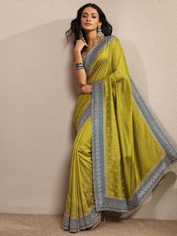 Libas - Green Embellished Silk Blend Saree with Unstitched Blouse