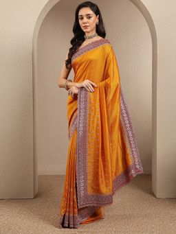 Libas - Mustard Embellished Silk Blend Saree with Unstitched Blouse