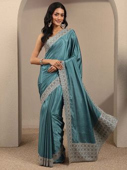 Libas - Blue Embellished Silk Blend Saree with Unstitched Blouse