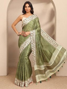 Libas - Green Printed Silk Blend Saree with Unstitched Blouse