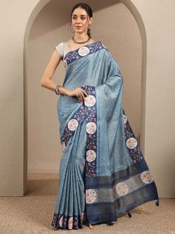 Libas - Blue Printed Silk Blend Saree with Unstitched Blouse