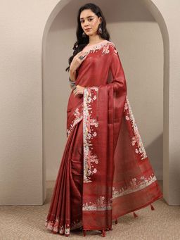 Libas - Brown Printed Silk Blend Saree with Unstitched Blouse