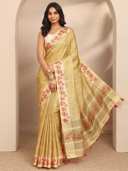 Libas - Gold Printed Silk Blend Saree with Unstitched Blouse