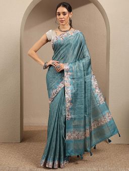 Libas - Green Printed Silk Blend Saree with Unstitched Blouse