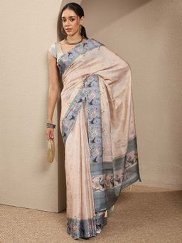 Libas - Off White Printed Silk Blend Saree with Unstitched Blouse