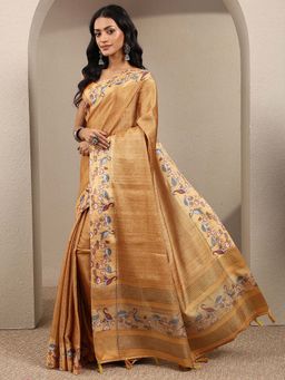 Libas - Mustard Printed Silk Blend Saree with Unstitched Blouse