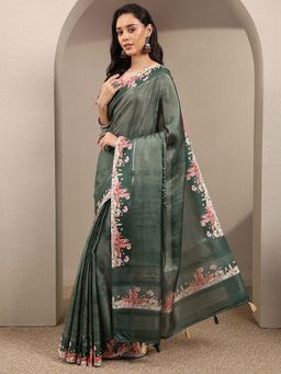 Libas - Green Printed Silk Blend Saree with Unstitched Blouse