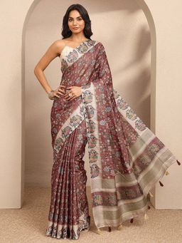 Libas - Brown Printed Silk Blend Saree with Unstitched Blouse