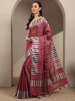 Libas - Magenta Printed Silk Blend Saree with Unstitched Blouse