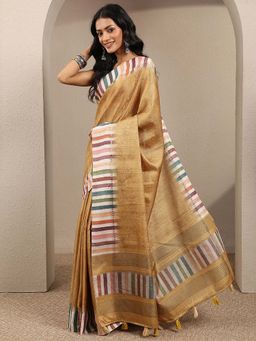Libas - Yellow Printed Silk Blend Saree with Unstitched Blouse