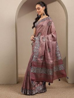 Libas - Mauve Printed Silk Blend Saree with Unstitched Blouse