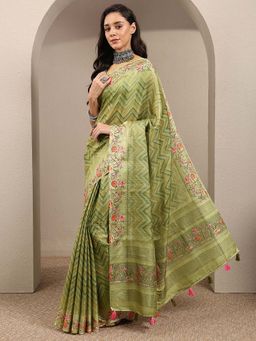 Libas - Green Printed Silk Blend Saree with Unstitched Blouse