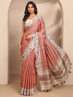 Libas - Peach Printed Silk Blend Saree with Unstitched Blouse