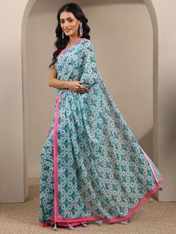 Libas - Green Printed Georgette Saree with Unstitched Blouse