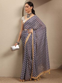 Libas - Purple Printed Georgette Saree with Unstitched Blouse