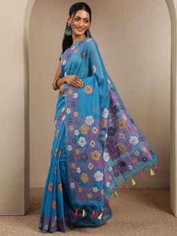 Libas - Blue Woven Cotton Blend Saree with Unstitched Blouse