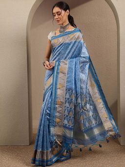 Libas - Blue Woven Silk Blend Saree with Unstitched Blouse