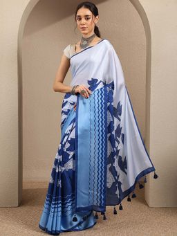 Libas - Blue Printed Satin Saree with Unstitched Blouse