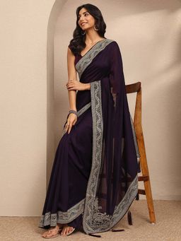 Libas - Wine Embellished Georgette Saree with Unstitched Blouse