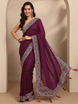 Libas - Maroon Embellished Georgette Saree with Unstitched Blouse