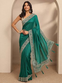 Libas - Green Embellished Georgette Saree with Unstitched Blouse