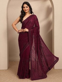 Libas - Wine Embroidered Silk Blend Saree with Unstitched Blouse