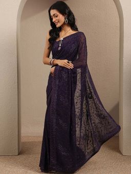 Libas - Purple Embroidered Silk Blend Saree with Unstitched Blouse