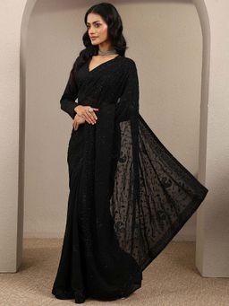 Libas - Black Embroidered Silk Blend Saree with Unstitched Blouse