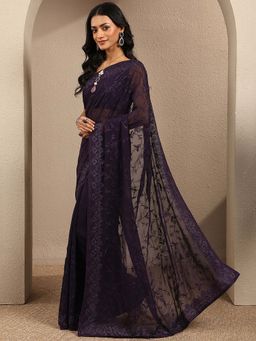 Libas - Purple Embroidered Georgette Saree with Unstitched Blouse