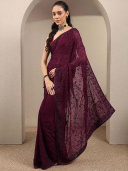 Libas - Wine Embroidered Georgette Saree with Unstitched Blouse