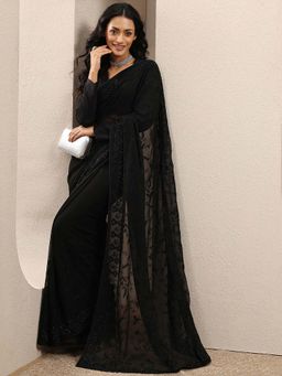 Libas - Black Embroidered Georgette Saree with Unstitched Blouse