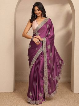 Libas - Mauve Embroidered Silk Blend Saree with Unstitched Blouse