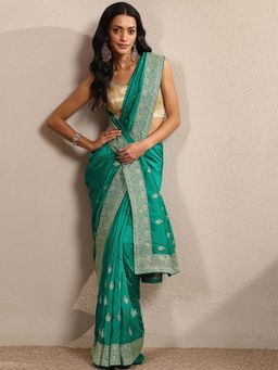 Libas - Green Embroidered Silk Blend Saree with Unstitched Blouse