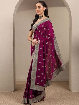 Libas - Magenta Embroidered Silk Blend Saree with Unstitched Blouse
