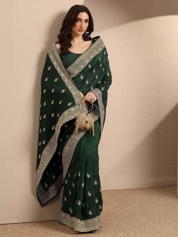 Libas - Green Embroidered Silk Blend Saree with Unstitched Blouse