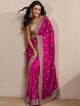 Libas - Pink Embroidered Silk Blend Saree with Unstitched Blouse