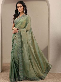 Libas - Green Embellished Silk Blend Saree with Unstitched Blouse