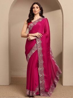 Libas - Pink Embroidered Silk Blend Saree with Unstitched Blouse