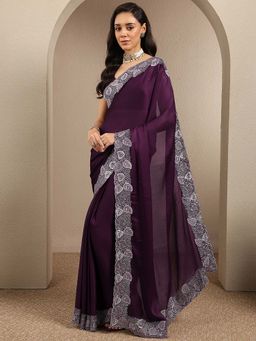 Libas - Burgundy Embroidered Silk Blend Saree with Unstitched Blouse