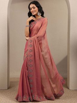Libas - Coral Embellished Organza Saree with Unstitched Blouse