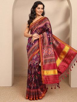 Libas - Purple Printed Silk Blend Saree with Unstitched Blouse