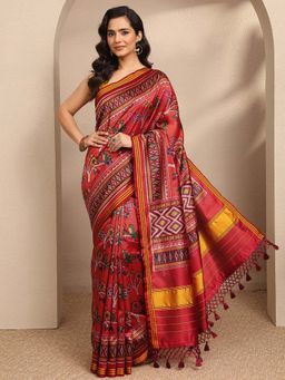 Libas - Orange Printed Silk Blend Saree with Unstitched Blouse