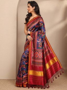 Libas - Blue Printed Silk Blend Saree with Unstitched Blouse
