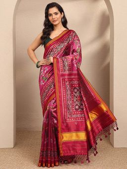 Libas - Pink Printed Silk Blend Saree with Unstitched Blouse