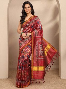 Libas - Red Printed Silk Blend Saree with Unstitched Blouse