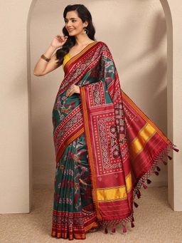 Libas - Blue Printed Silk Blend Saree with Unstitched Blouse