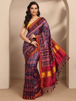 Libas - Blue Printed Silk Blend Saree with Unstitched Blouse