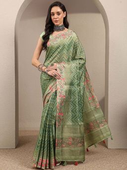 Libas - Green Printed Silk Blend Saree with Unstitched Blouse